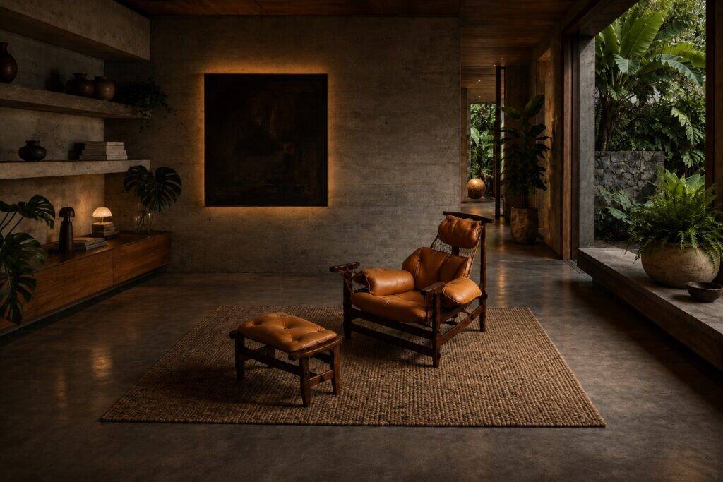 Jangada lounge chair with ottoman in cognac leather by Jean Gillon, Brazil, 1960s