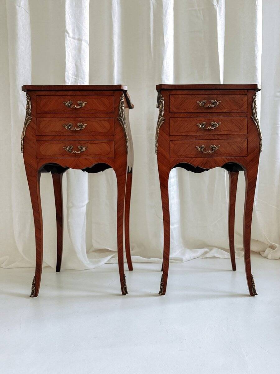 Louis XV French bedside tables with floral marquetry, 1940s, set of 2