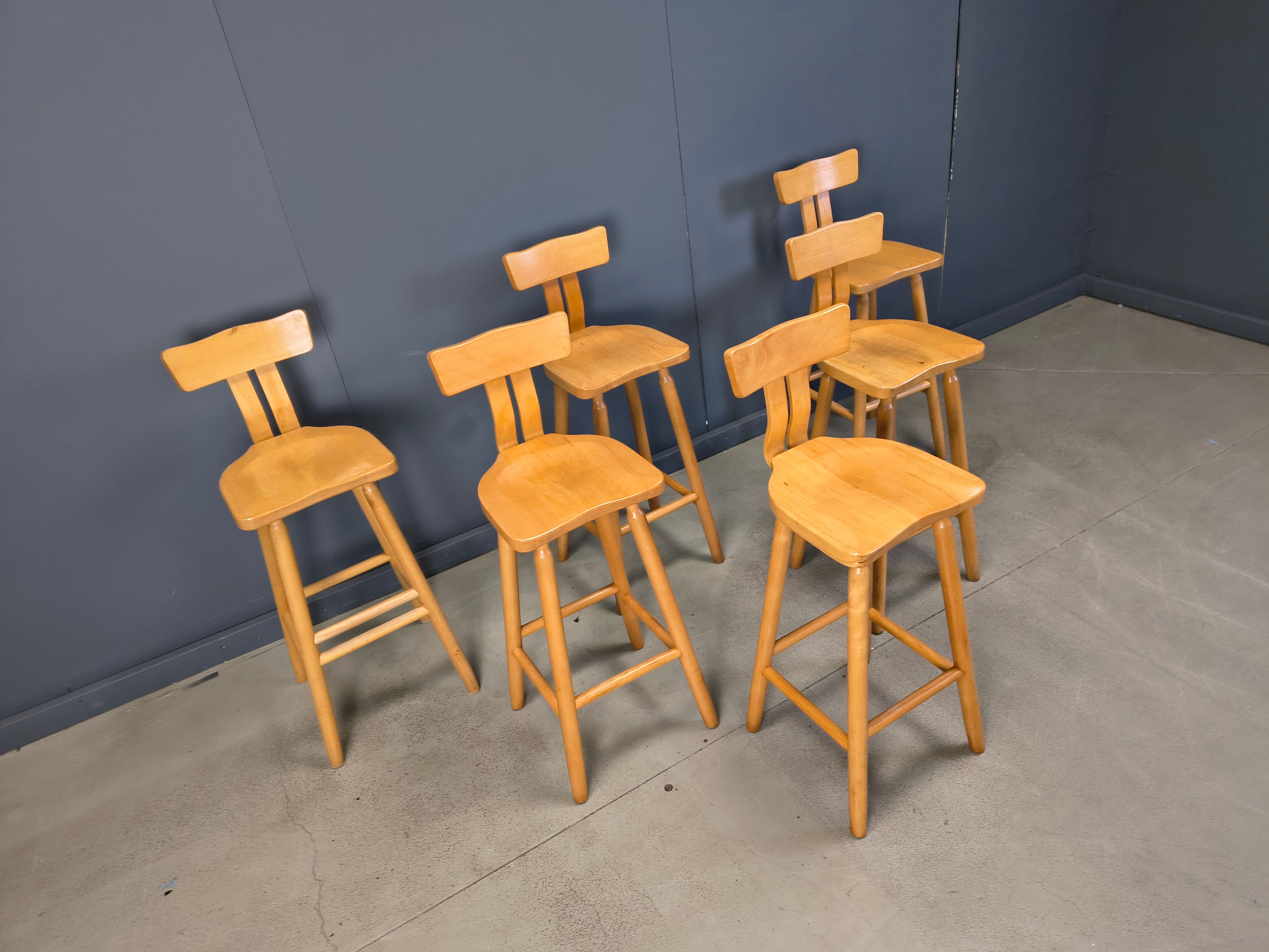 Brutalist 1960s bar stools, set of 6.
