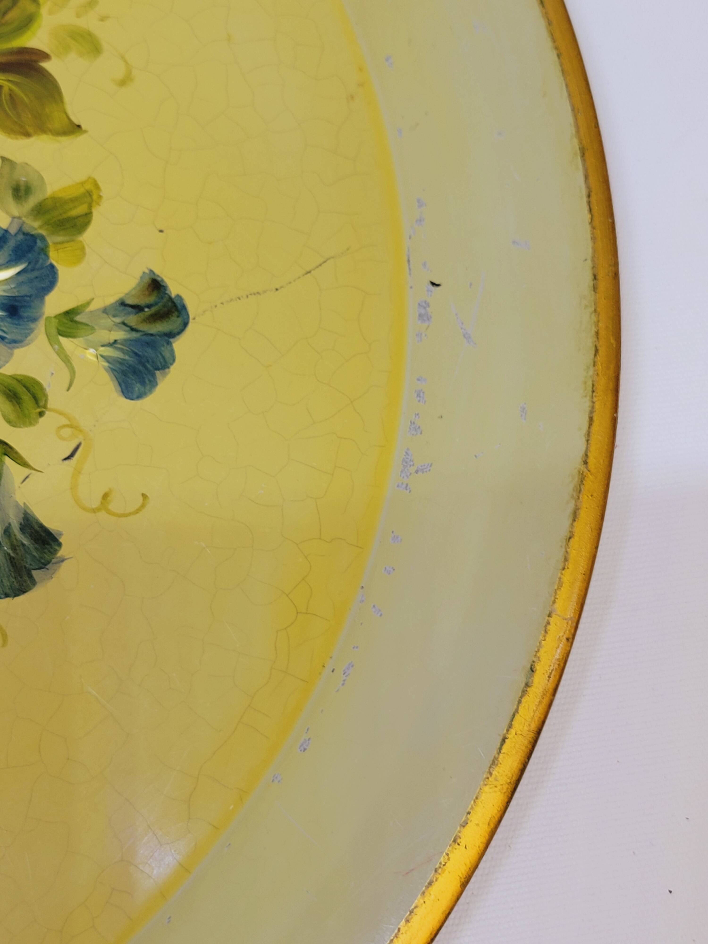 Napoleon III Painted Sheet Metal Tray Painted Metal Floral Decor Diameter 44.5