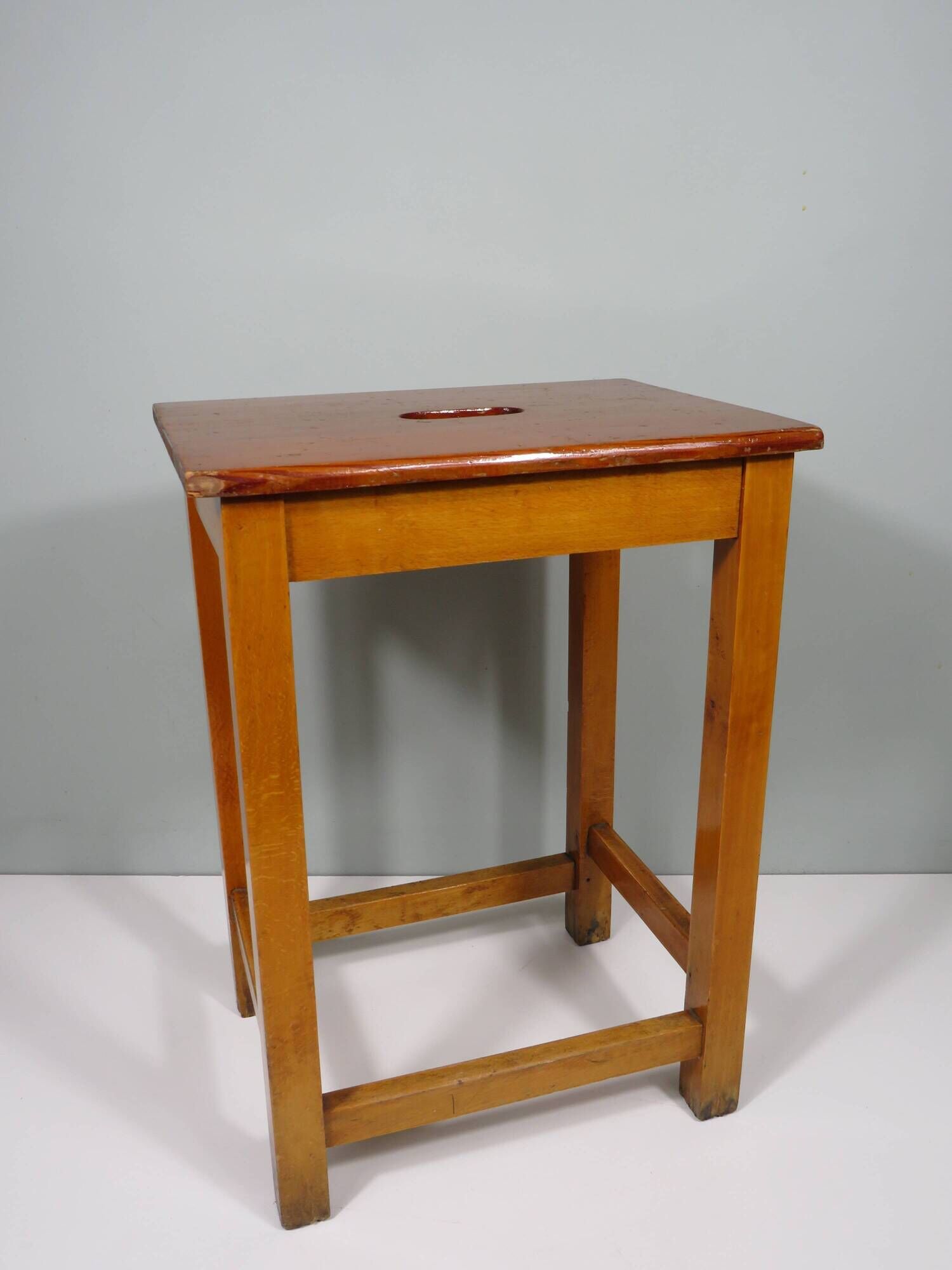 Vintage handmade workshop stool with handle, Belgium 1960