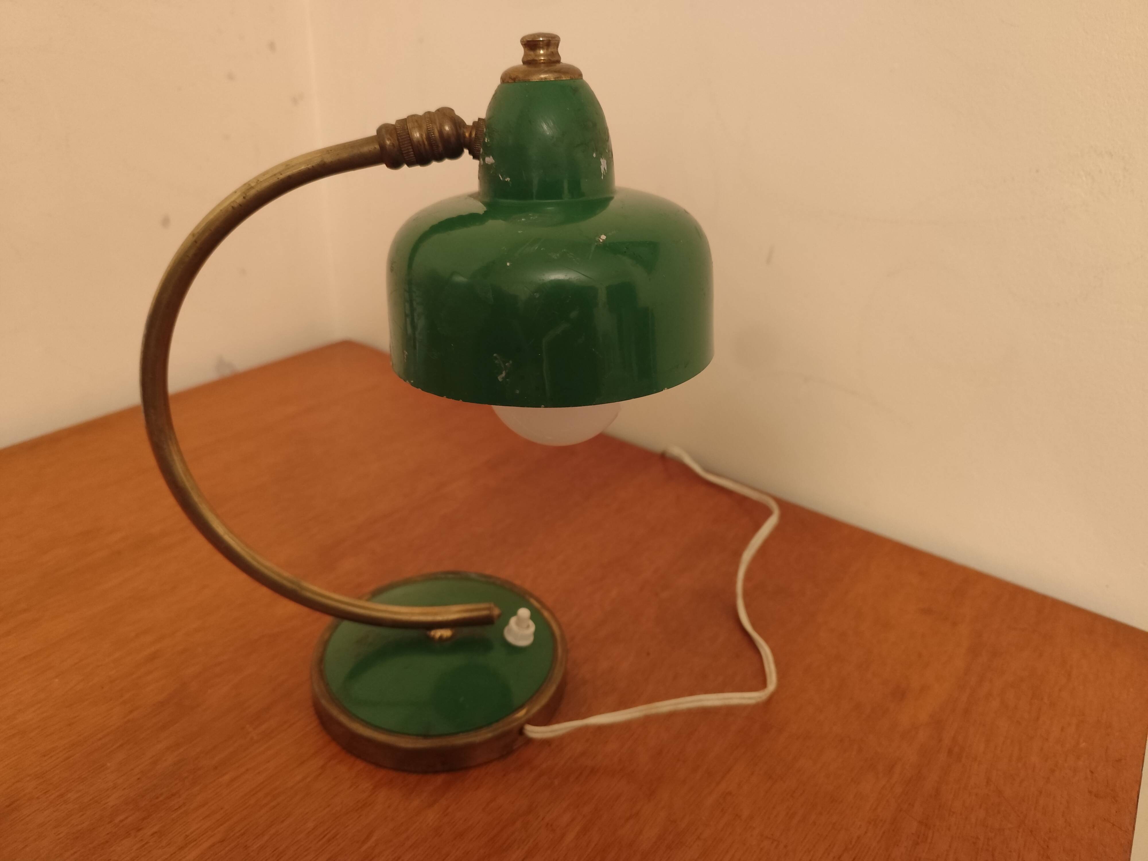 Vintage Scandinavian Art Deco desk lamp from the 40s, golden brass, retro, moon shape, swan neck