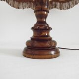 Vintage French Country Table Lamp Carved Turned Wood Base & Hide Skin Shade