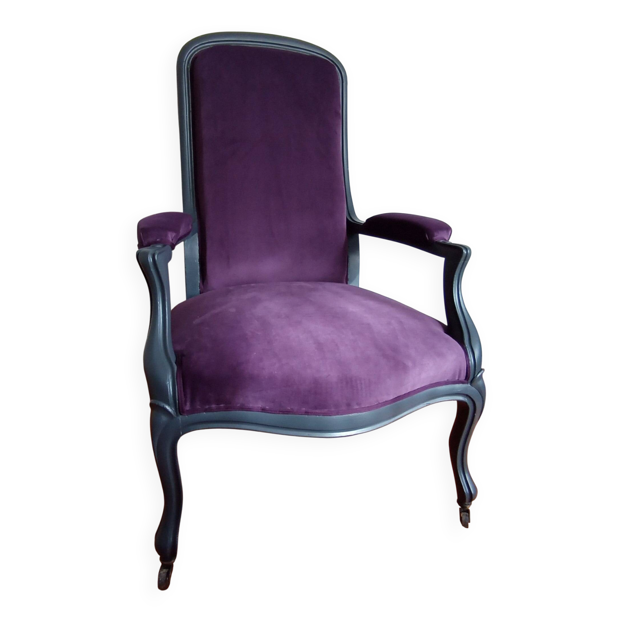Fauteuil Voltaire XIXe, velours violet
