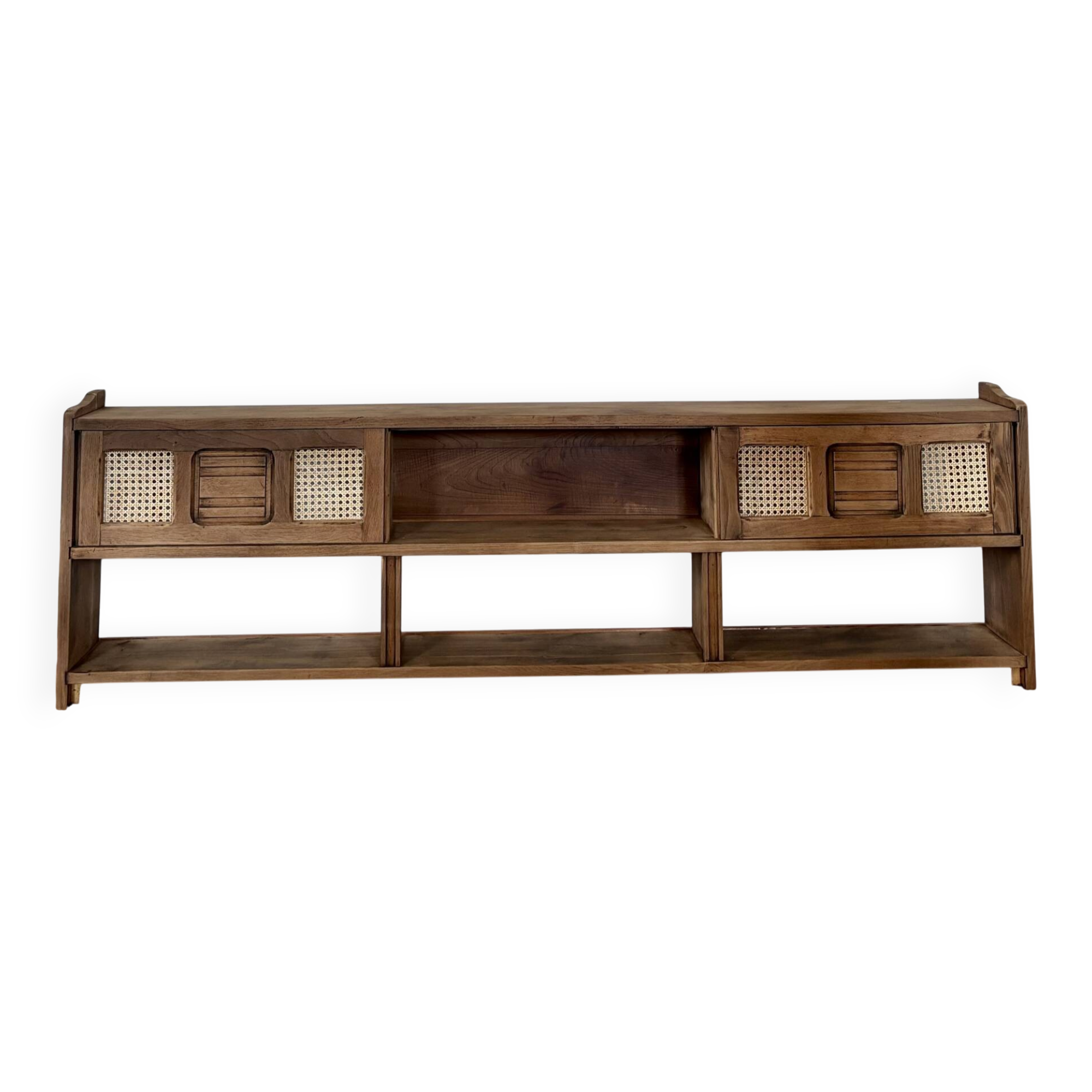 Vintage oak sideboard TV unit with raw finish and caning.