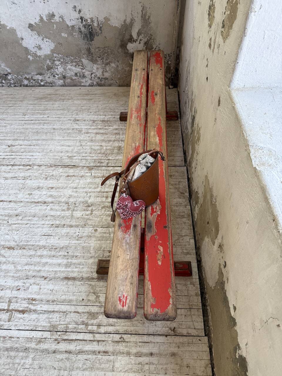 1950s oak bench with red patina, 2m