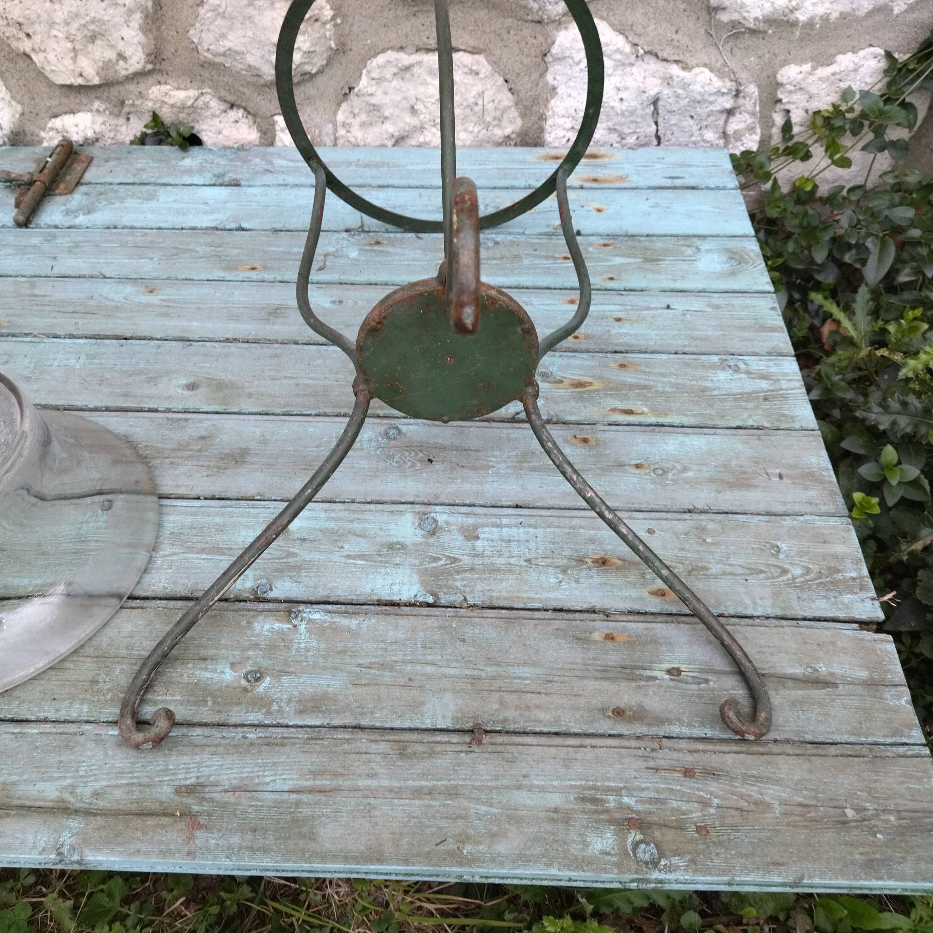 Old planter wrought iron basin blown glass