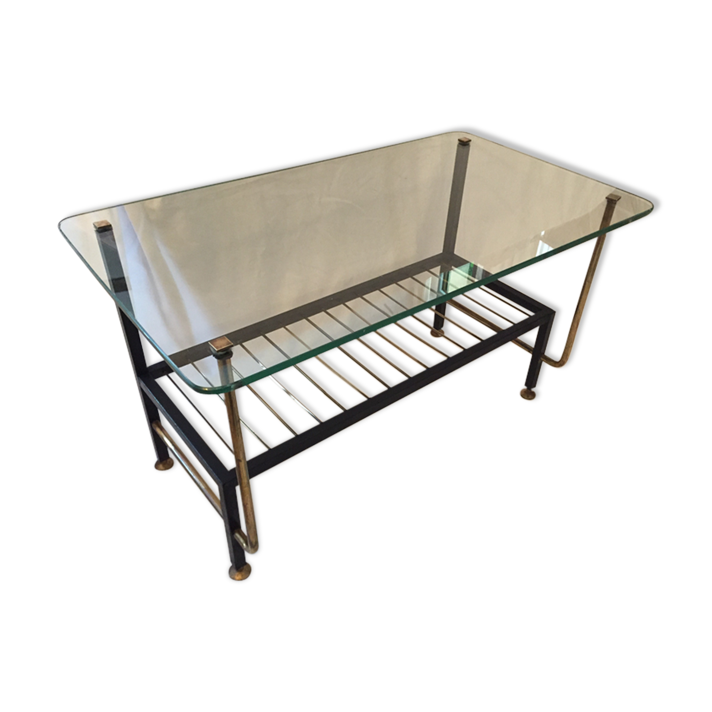 Coffee table in glass  black metal and brass vintage 1950
