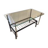 Table basse en verre métal noir et laiton vintage 1950