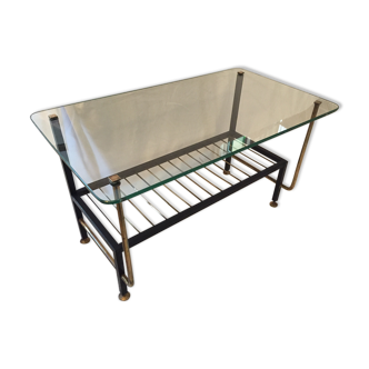 Coffee table in glass  black metal and brass vintage 1950