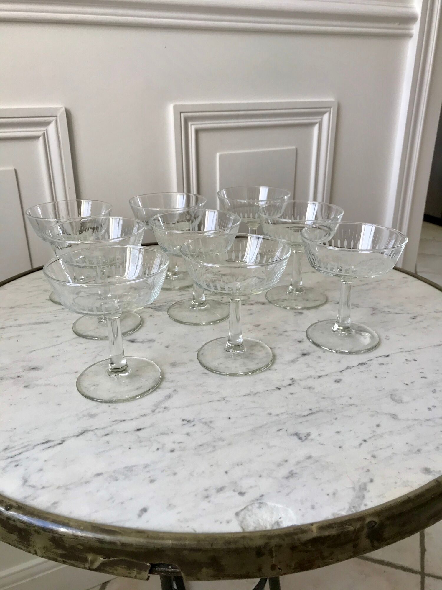Lot de 10 coupes à champagne en verre cristallin années 50-60