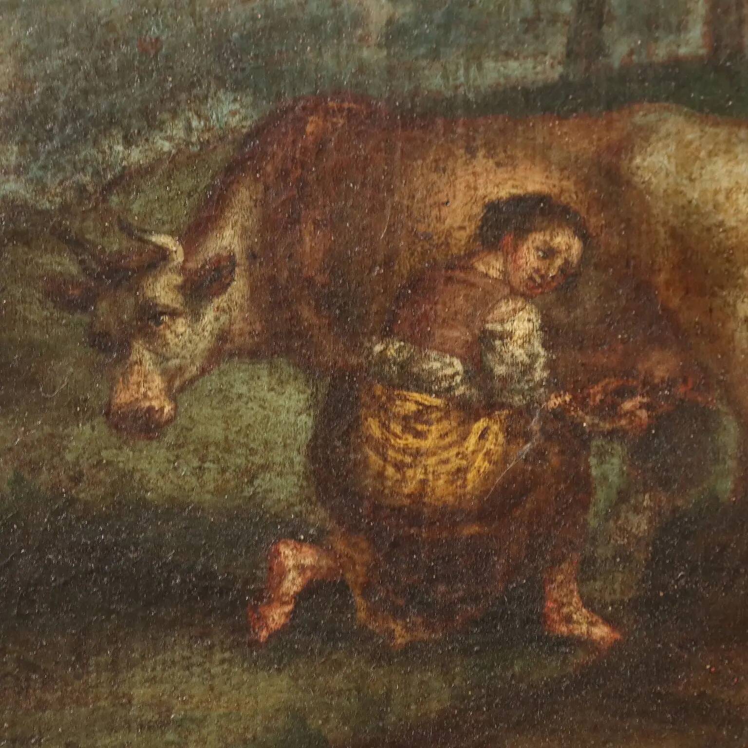 Old painting landscape with figures, oil on canvas '700