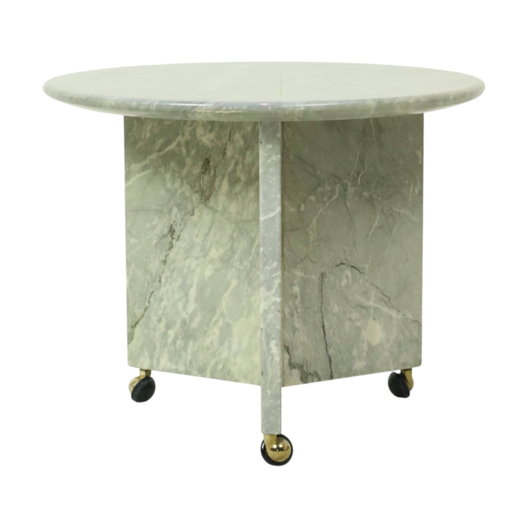 Round Marble Side Table Plant Table on Wheels 1970s