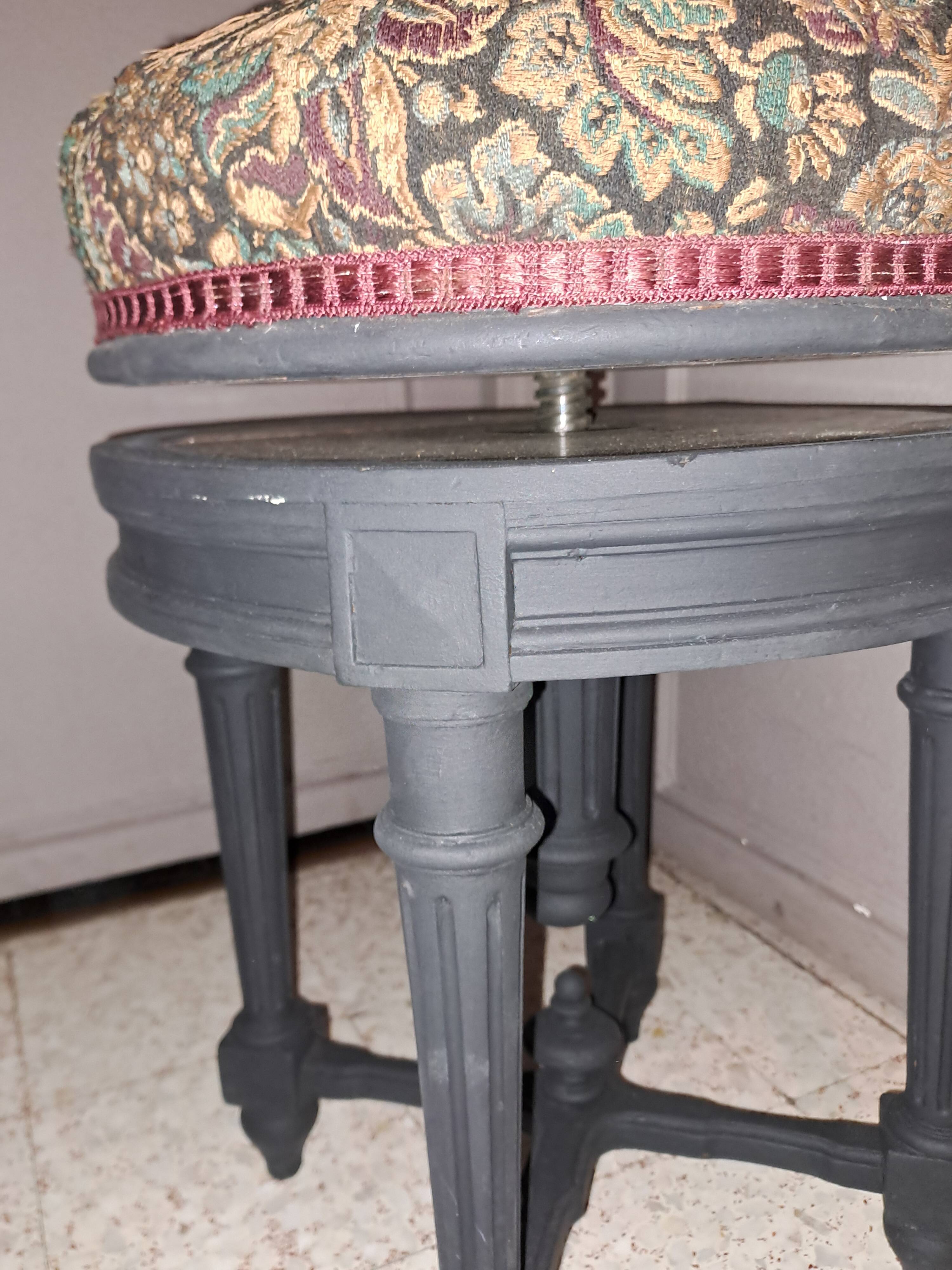 Black wood piano stool XIX Napoleon III style restoration fabric upholstery living room decoration