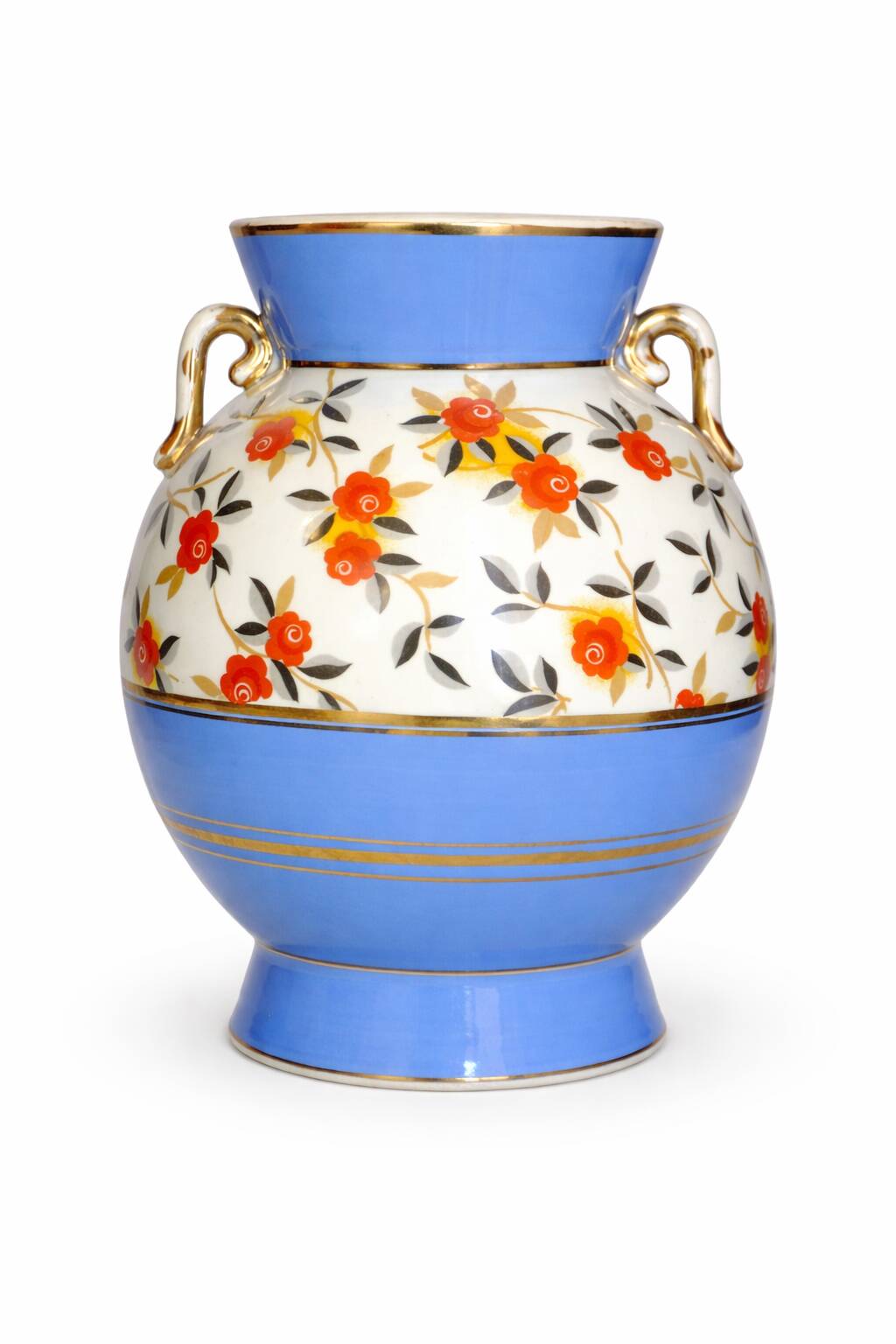 Art Deco round vase by Boch Frères Keramis, red flowers and blue bands.