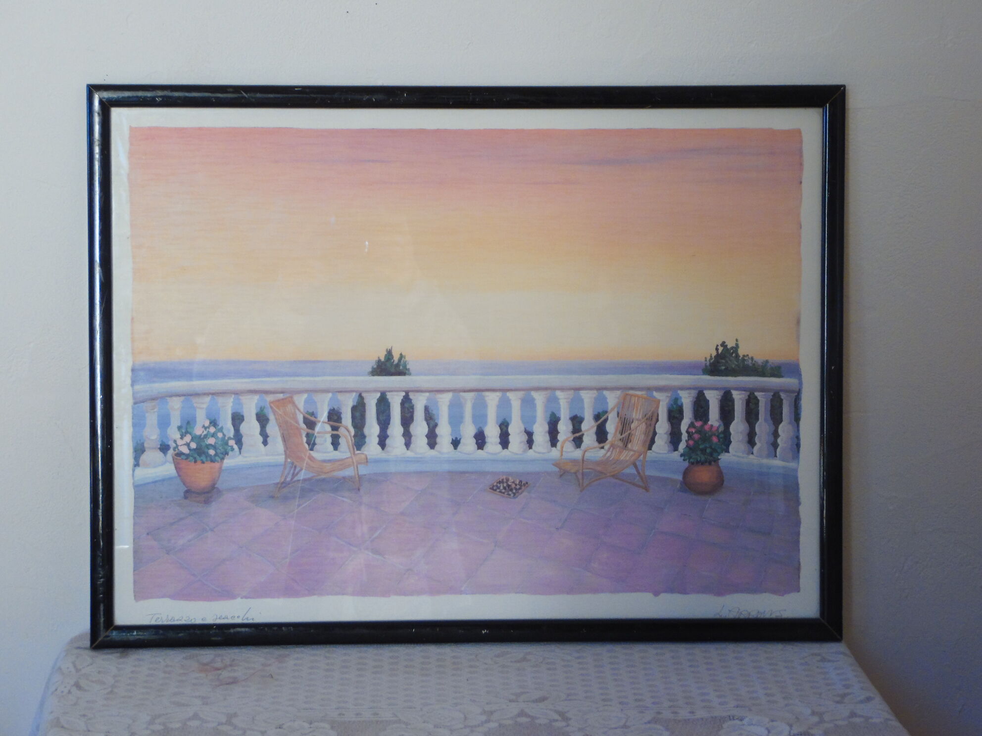 Pastel painting terrace by the sea