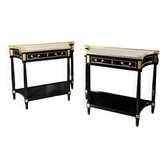 Pair of Louis XVI Style Black Lacquered Wood Console Tables