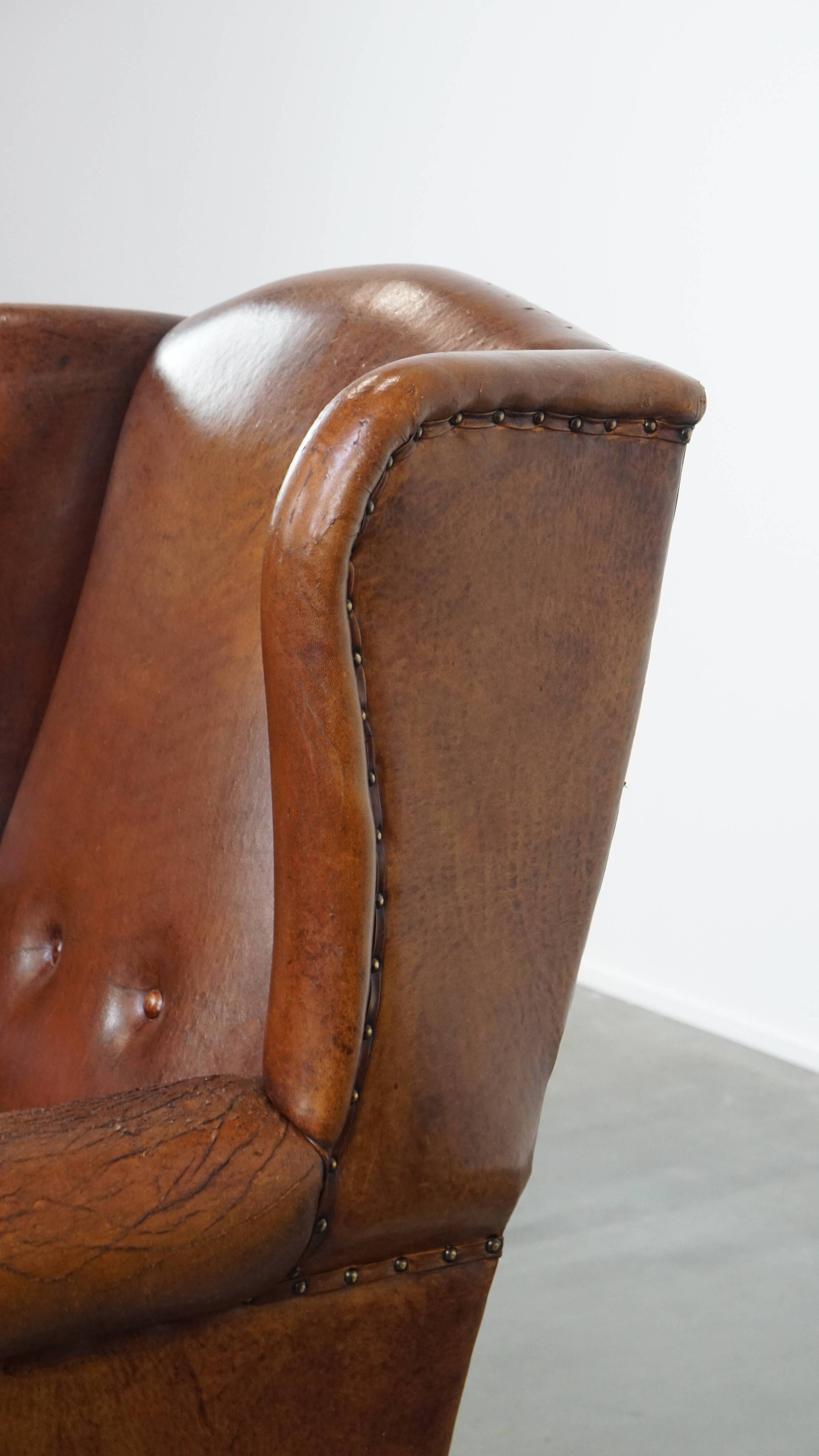 Large Vintage Sheepskin Leather Wingback Chair