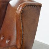 Large Vintage Sheepskin Leather Wingback Chair