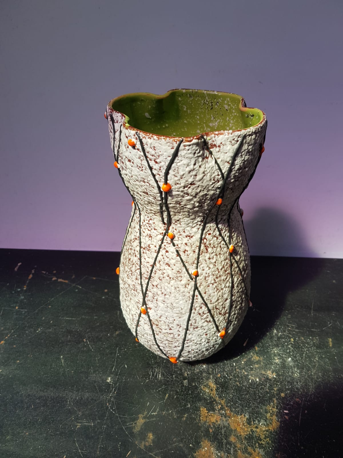 Ancient ceramic vase grey decor black, orange interior vintage green