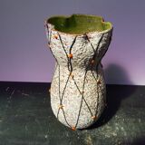 Ancient ceramic vase grey decor black, orange interior vintage green