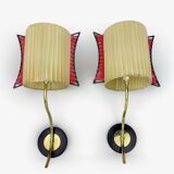 Pair of wall lights with cream silk shade and brass rod from the 1950s