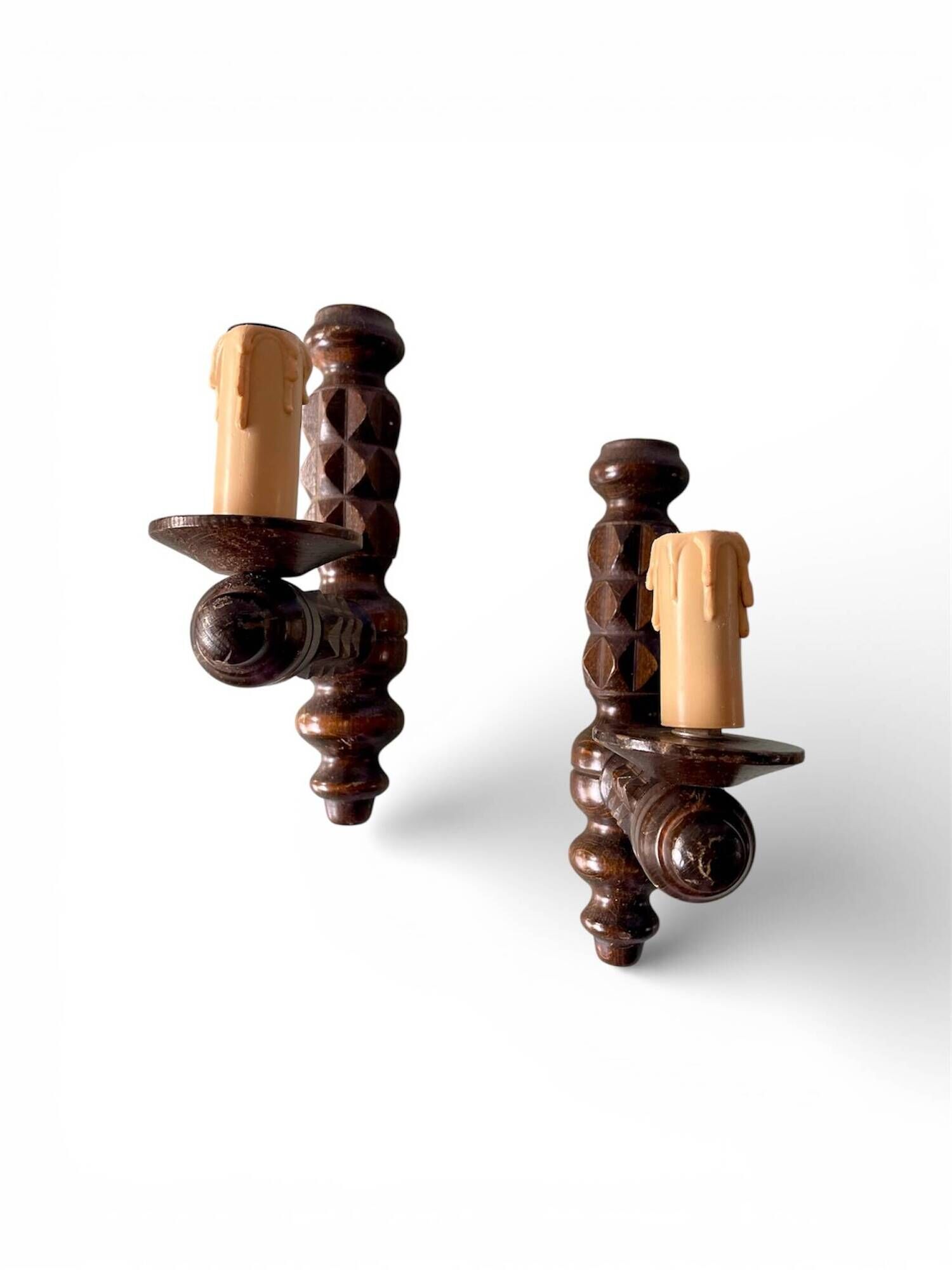 Pair of turned wooden wall lights, France 1940