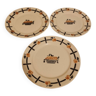 Assiettes plates Badonviller orange et noir motif abricots