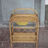 Vintage rattan serving table, two-tier side table.