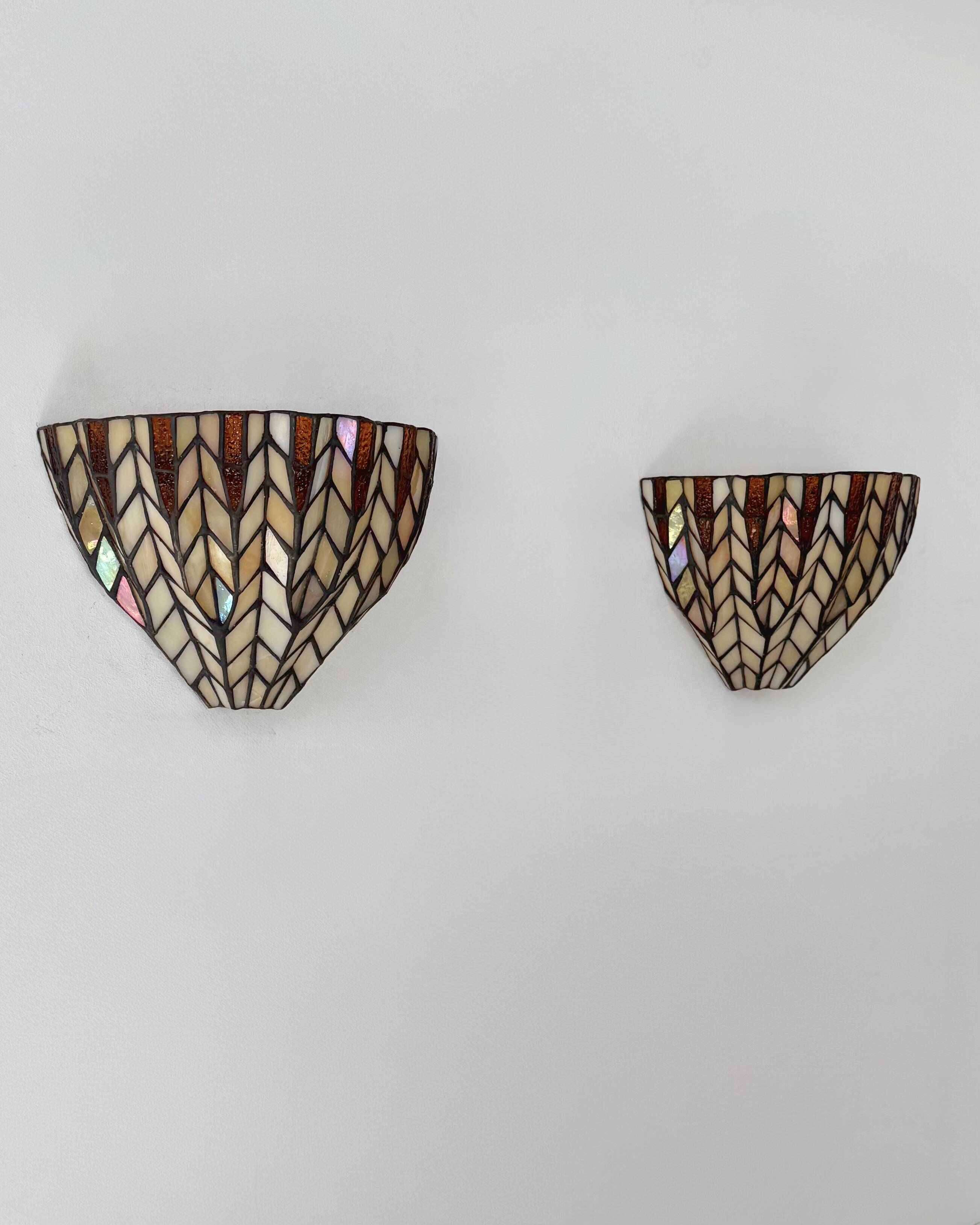Pair of vintage "stained glass" wall lights in copper and glass, France, 1970.