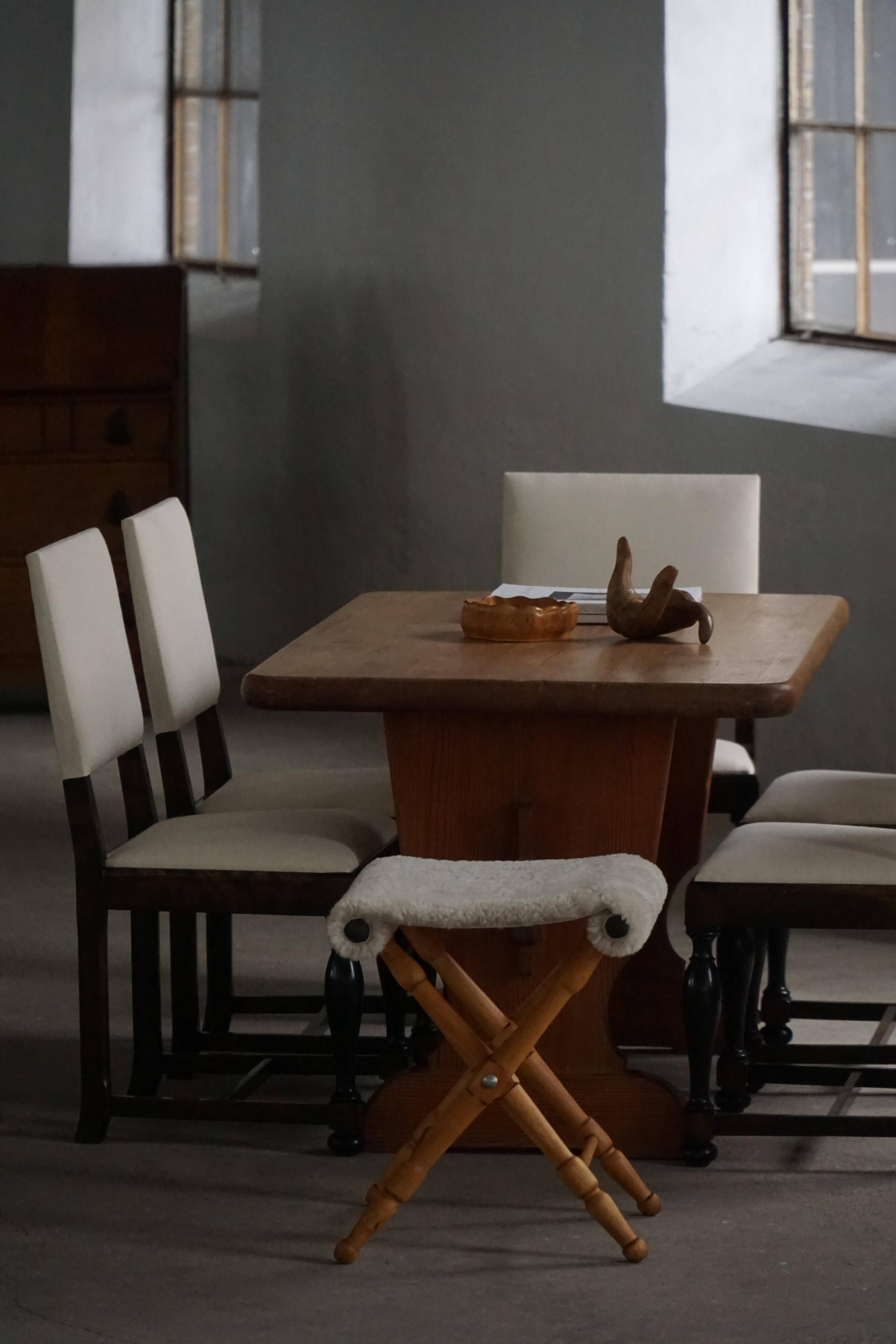 Set of 6 Swedish Grace dining chairs in birch with new upholstery, 1920s.