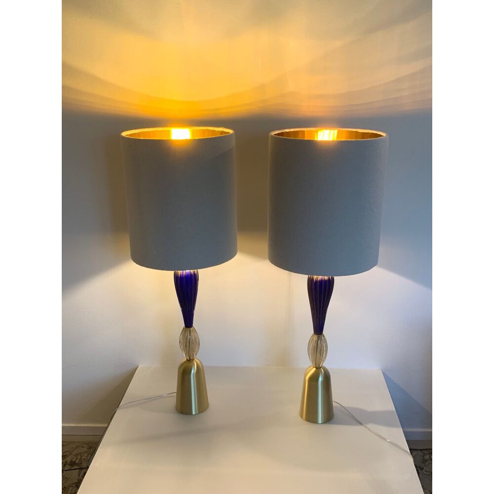 Blue and trasparent-gold murano glass table lamps with bouclé