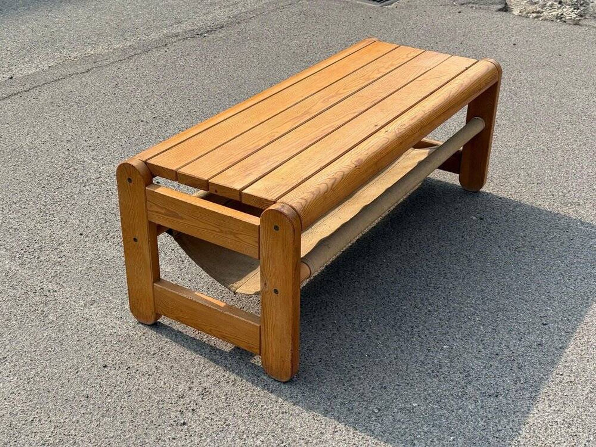 Scandinavian pine bench with canvas storage, 1970s