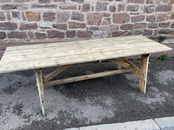 Grande table champêtre de ferme 240 cm en sapin brasserie bois naturel brut