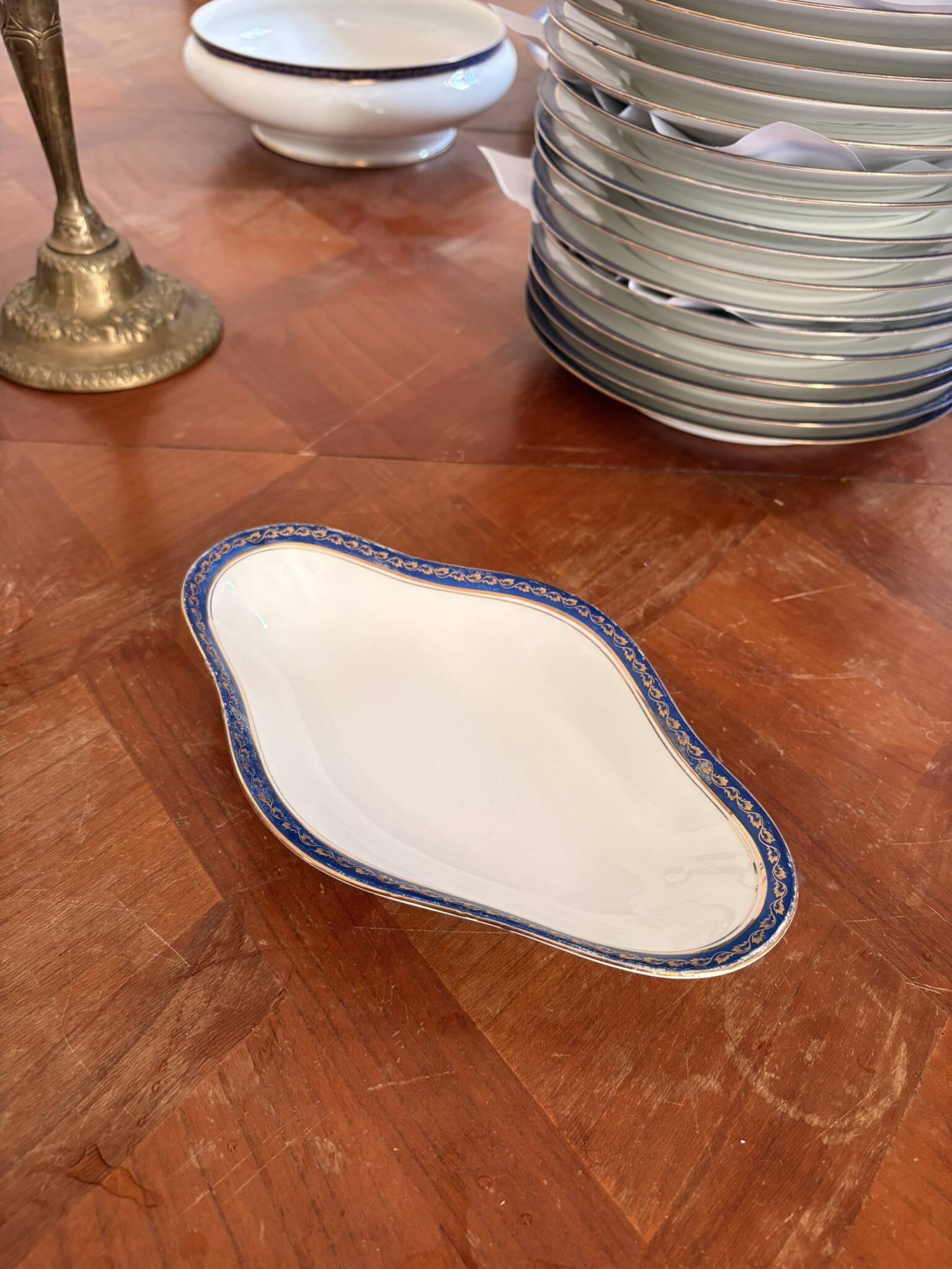 Plate, Ramekin, Salad Bowl 23cm, Limoges Porcelain, Blue and Gold, Betoule