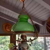 Old green opaline chandelier, gold metal and earthenware