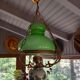 Old green opaline chandelier, gold metal and earthenware