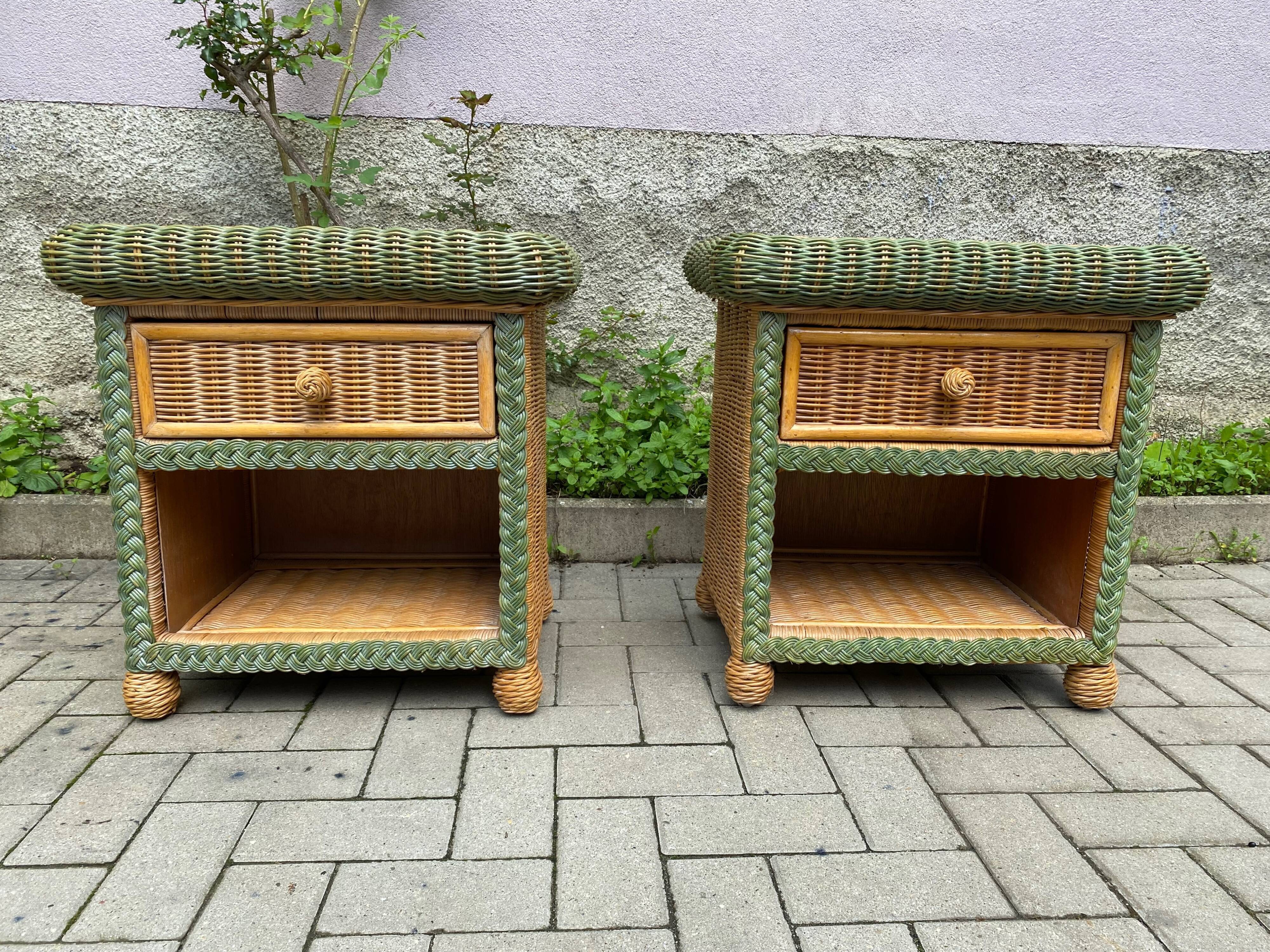 pair of bedside tables in rattan and wicker for rock bobois 1970
