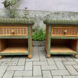 Paire de tables de chevet en rotin et osier pour roche bobois 1970