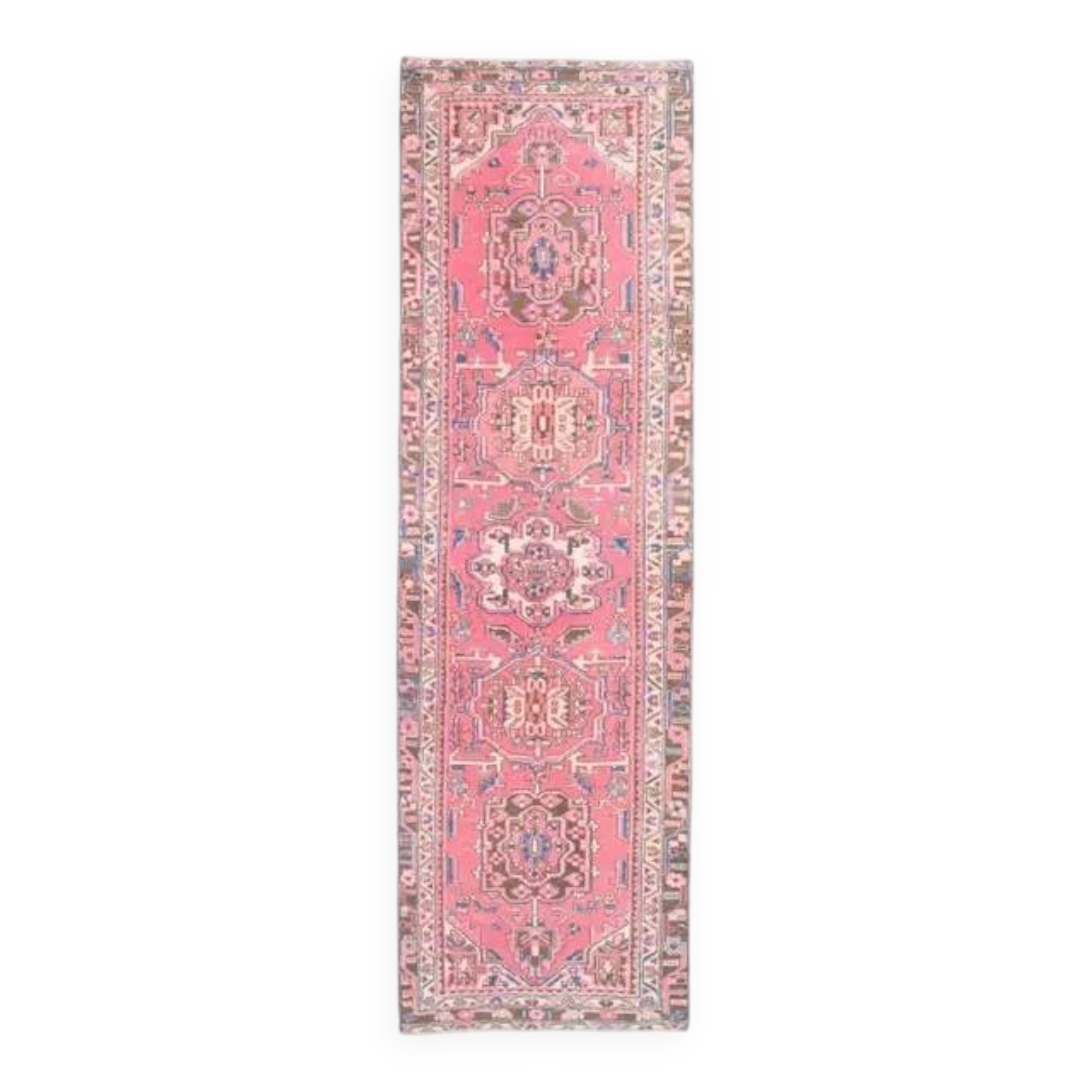 1970s Vintage Turkish Hand-Knotted Wool Cotton Pink Runner Rug 95x320