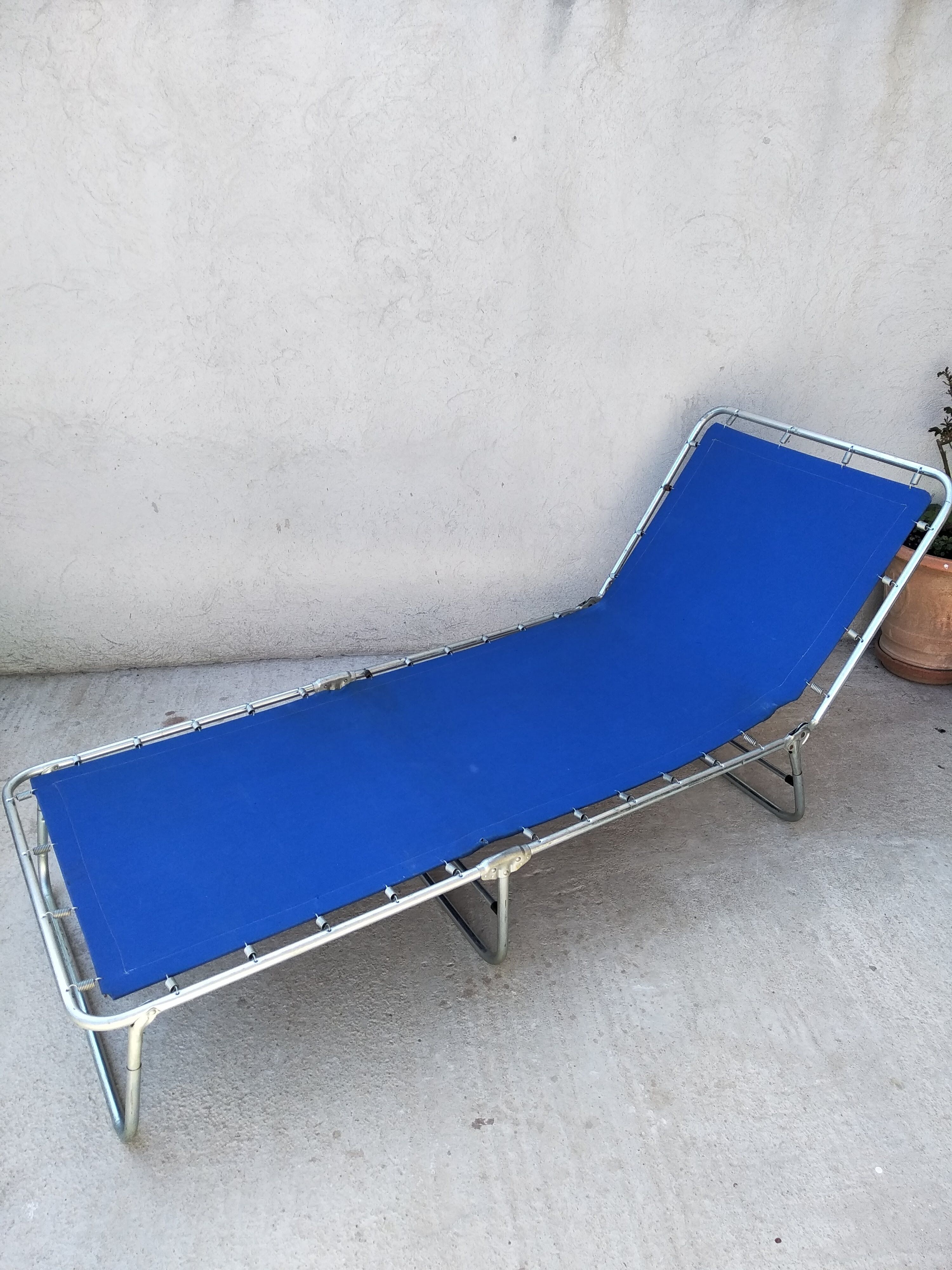 Camp bed - folding sunbed aluminum and vintage cotton