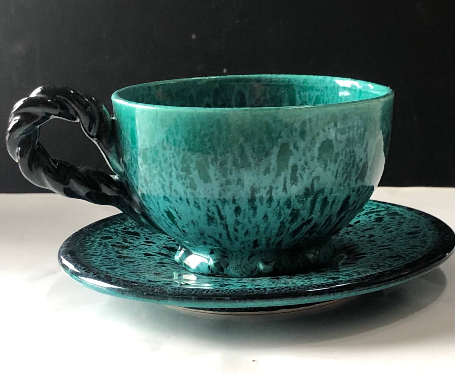 Turquoise Vallauris Braided Ceramic Cup and Saucer by Marius Giuge