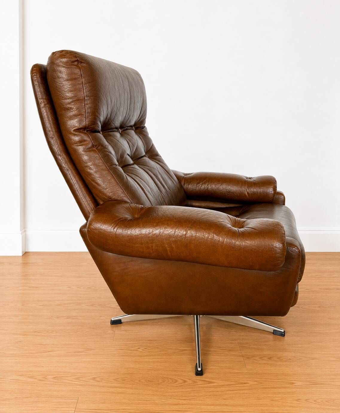 Vintage Danish mid-century brown leather swivel chair 1970s