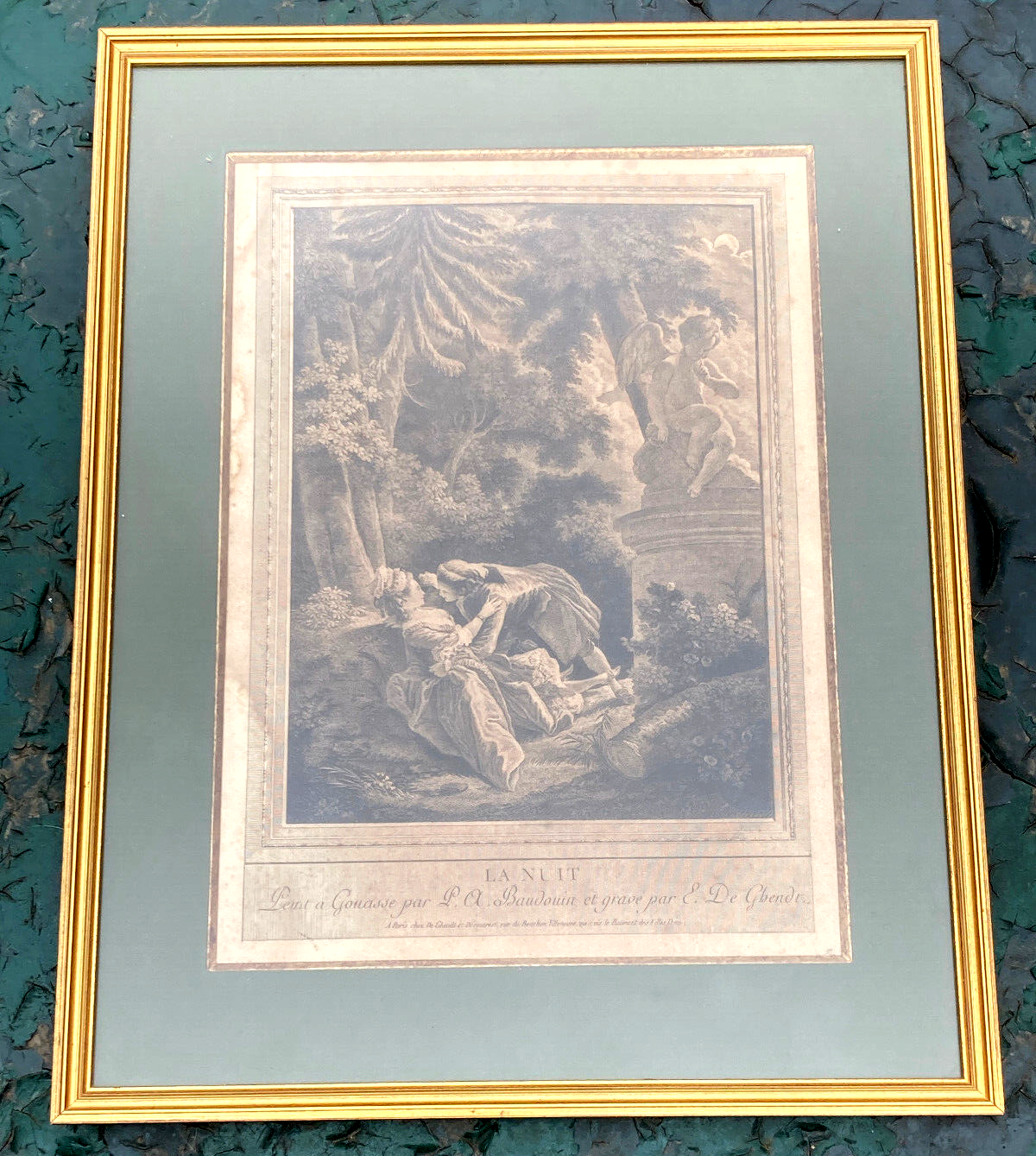 Old engraving, night, gallant scene - golden frame