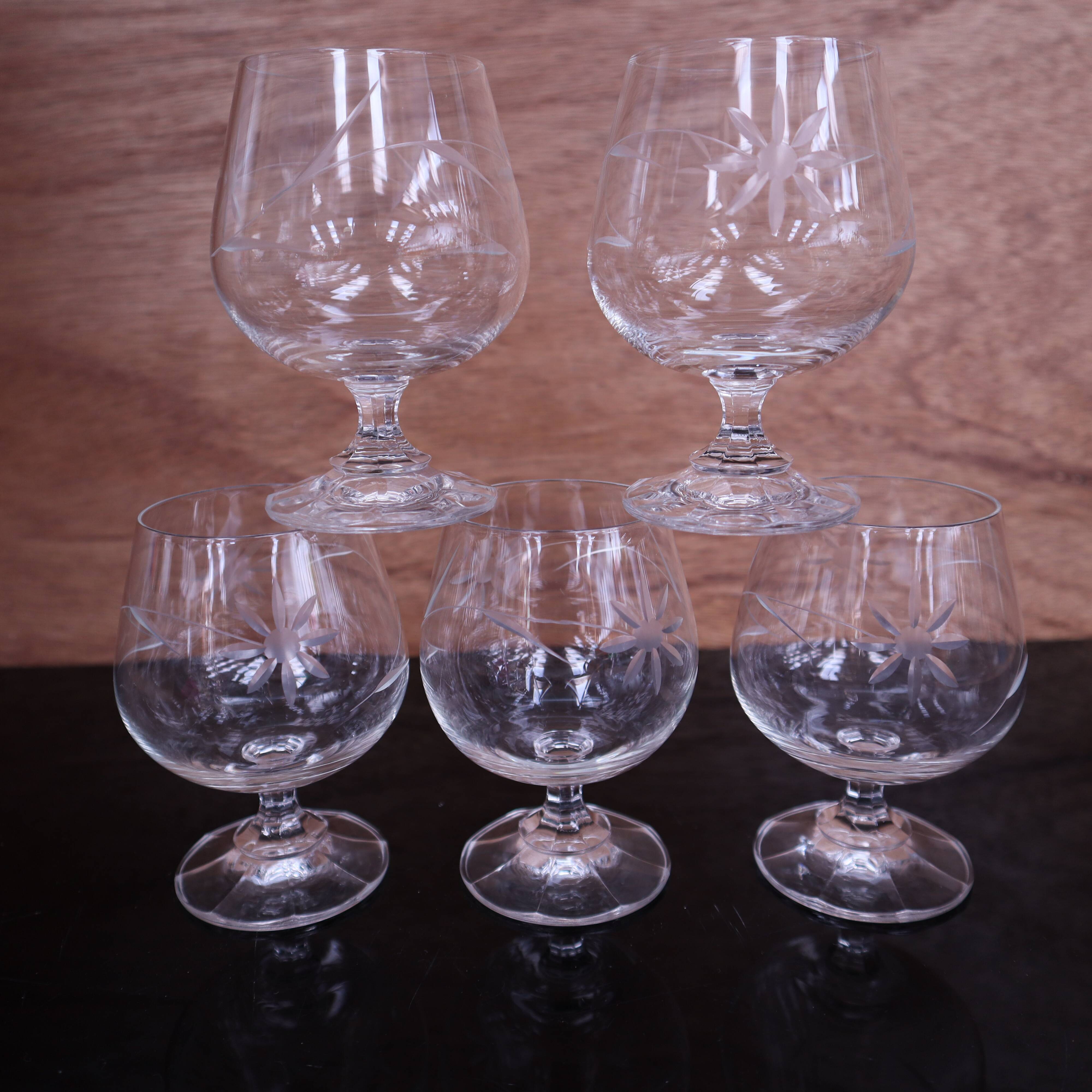 5 engraved vintage flower port glasses