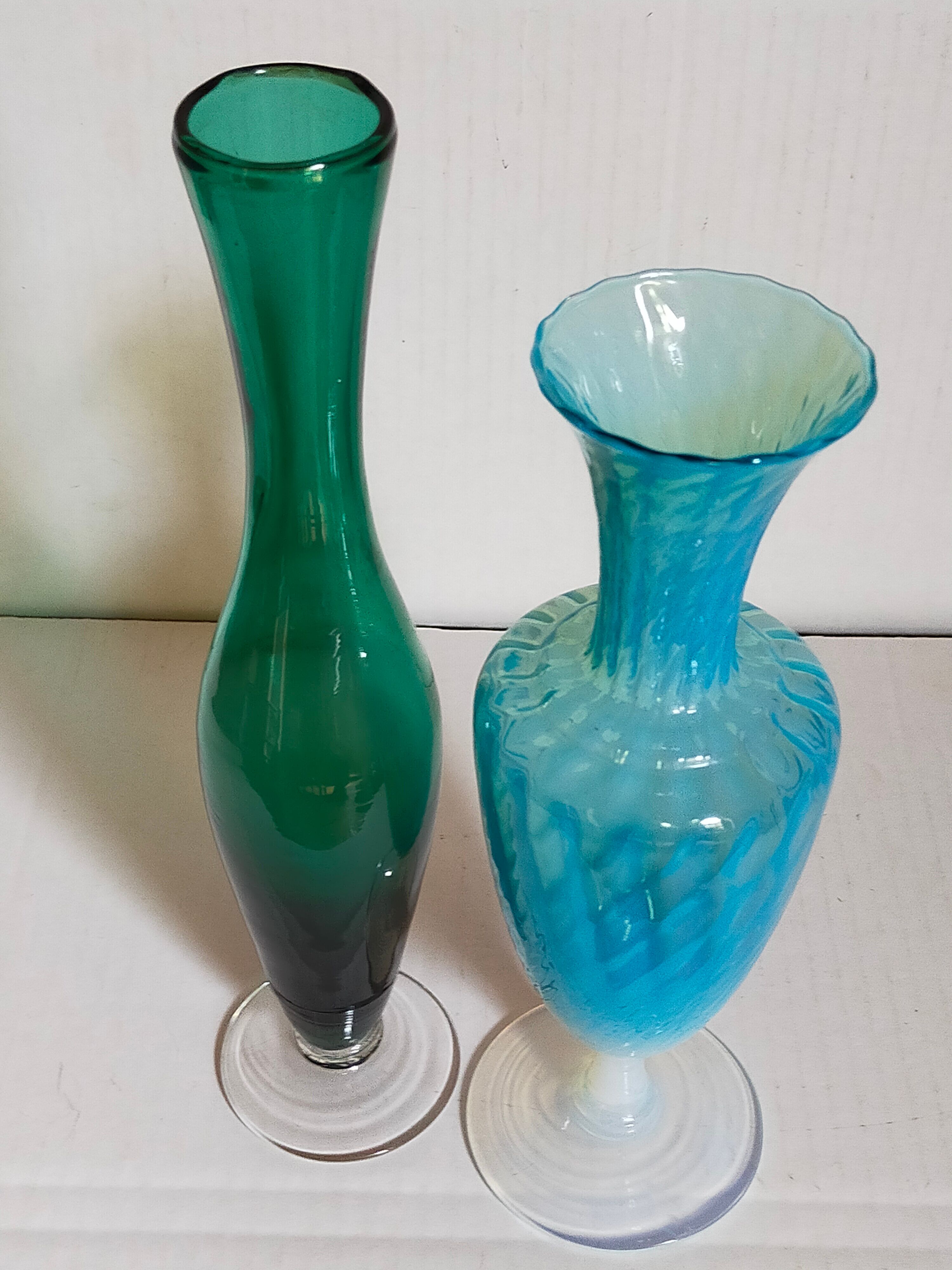Duo of vintage blown glass soliflores vases