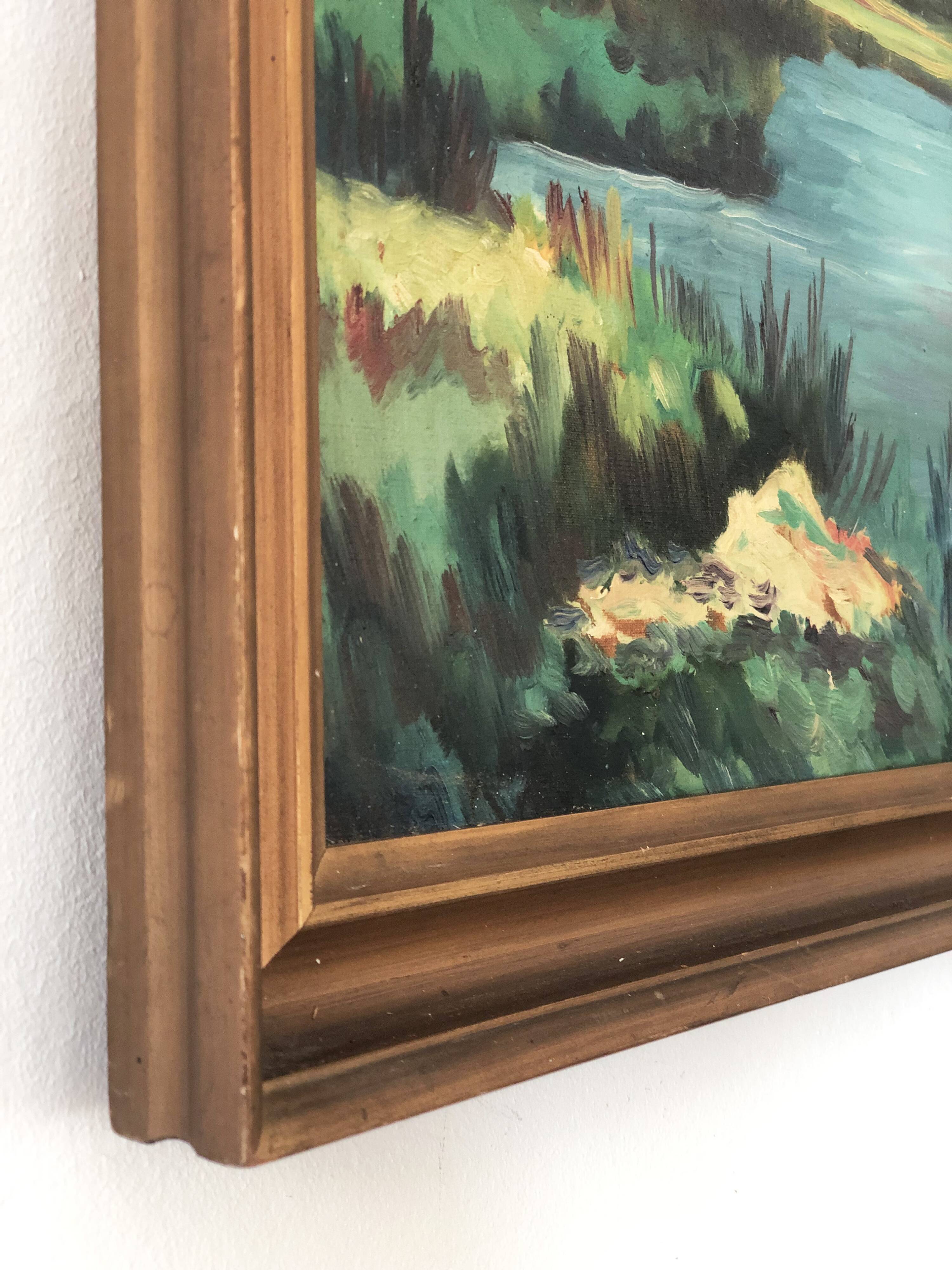 Large Original Vintage River Landscape Oil Painting, circa 1960