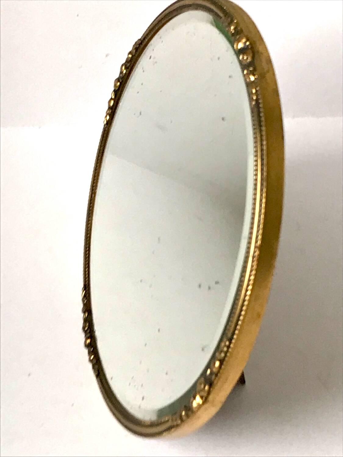 Antique Beveled Mirror with Metal frame Gold colored brass 14 cm diameter