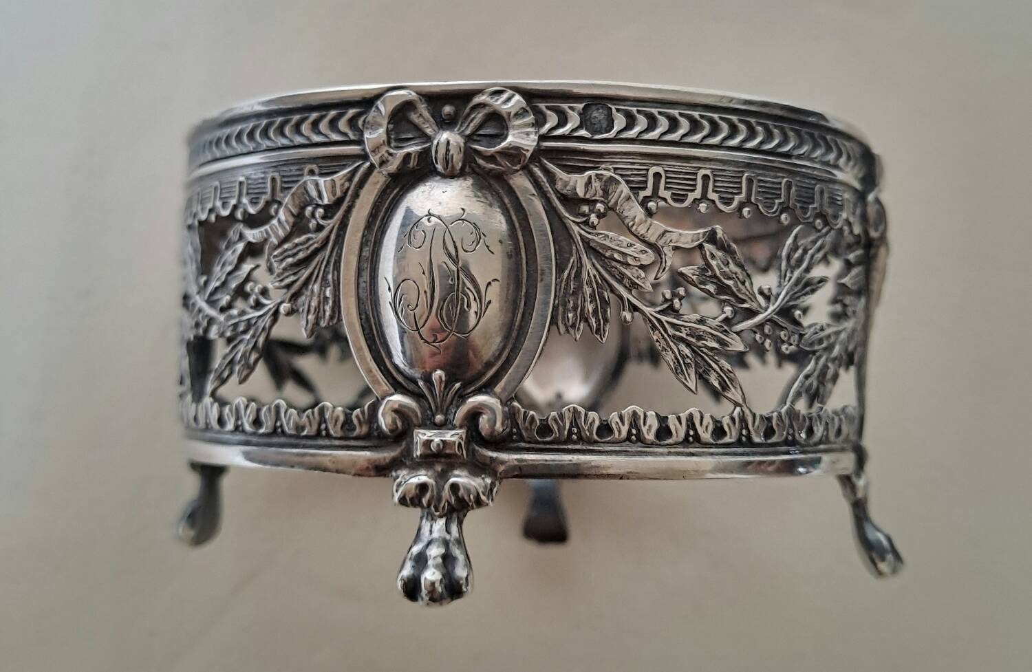 Louis XVI style salt cellar with silver collar mount and blue glass