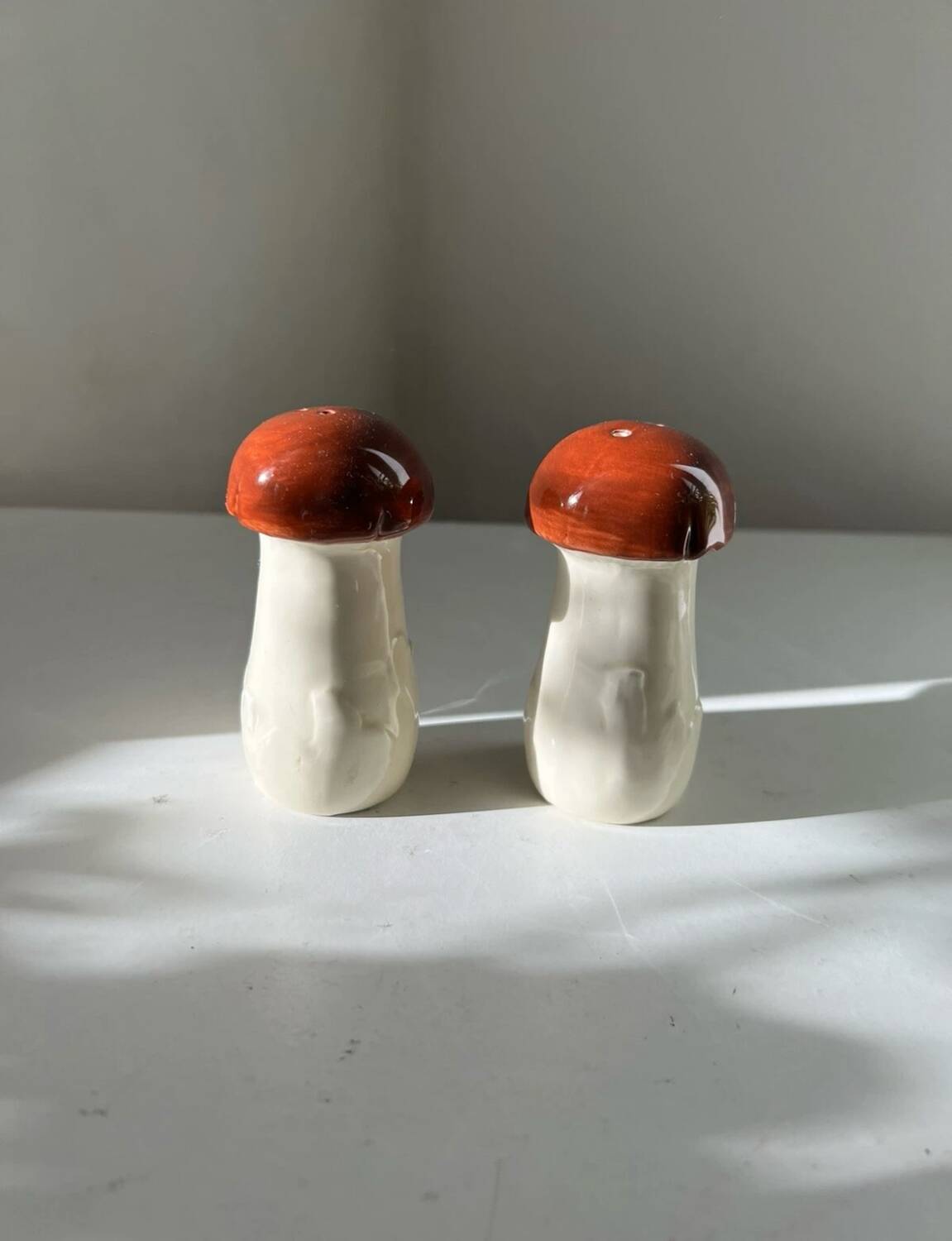 Mushroom-shaped ceramic salt and pepper shakers